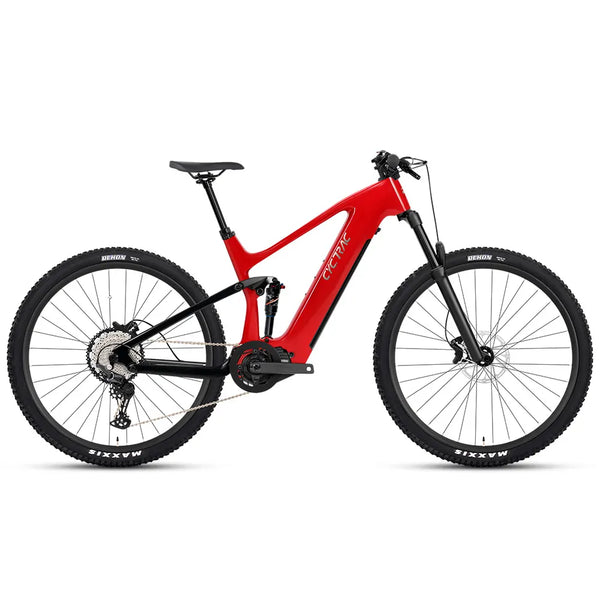 A red and black full-suspension electric mountain bike with Maxxis tires, shown from a side profile on a white background. Cyctrac EM10 M6100-12S LOW Electric Mountain Bike