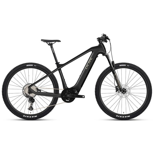 A matte black Cannondale electric mountain bike with Maxxis tires, shown in a clean side profile against a white background. Official Twitter Bikes Factory Store